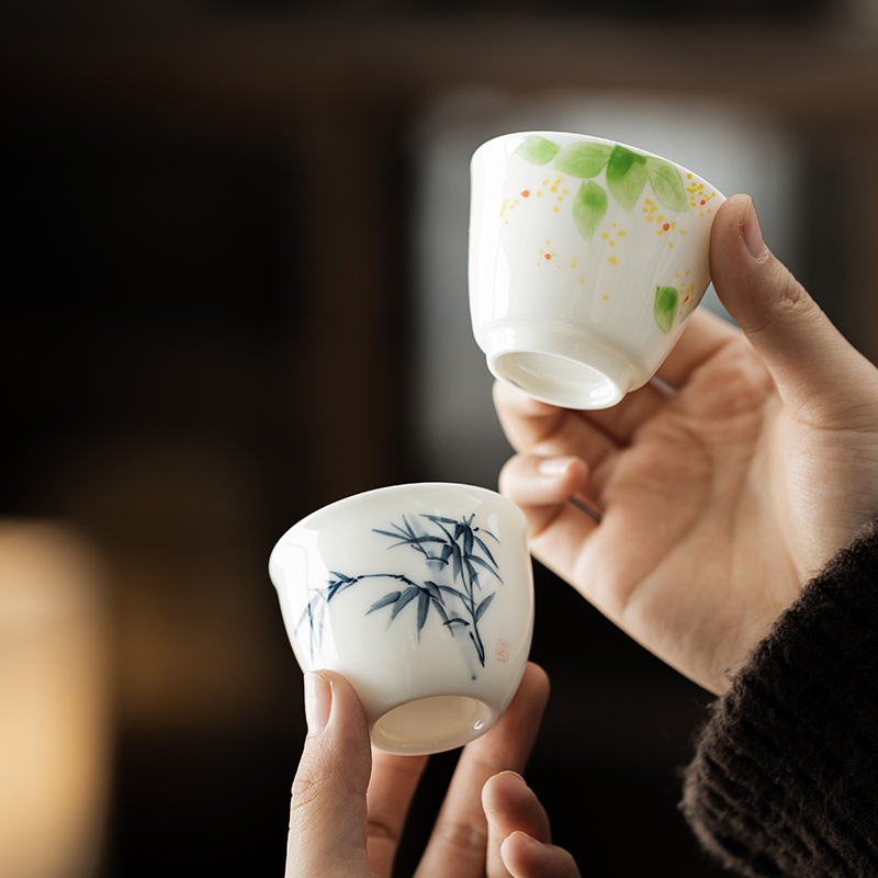 Cốc sứ ngọc bích vẽ tay hoàn toàn thủ công, cốc trà cá nhân cao cấp, cốc sứ trắng Dehua, cốc trà gia dụng
