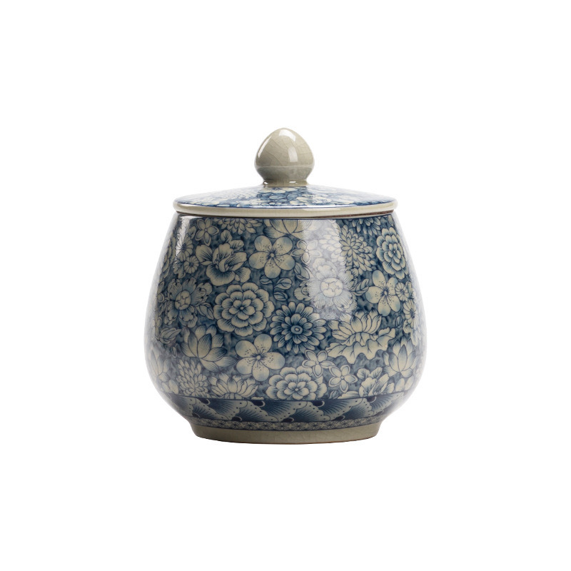 Lọ đựng trà gốm sứ trắng xanh bằng đất sét cũ, bình kín nhỏ, bình lưu trữ chống ẩm gia dụng cổ điển, nhà sản xuất bán buôn