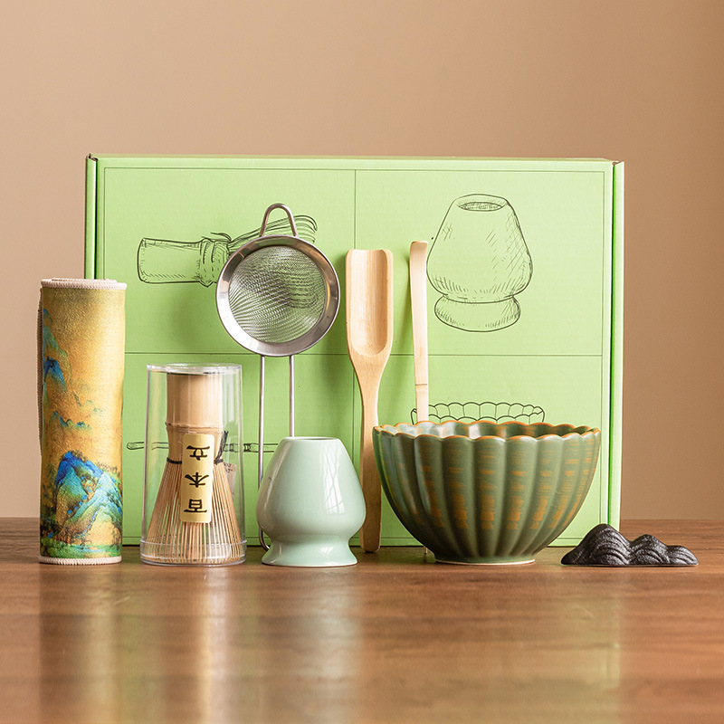 Bộ bát matcha màu xanh lá cây biến đổi lò nung Bộ dụng cụ pha trà cao cấp phong cách Nhật Bản phụ kiện bàn chải nồi trà Baibenli đứng hộp quà