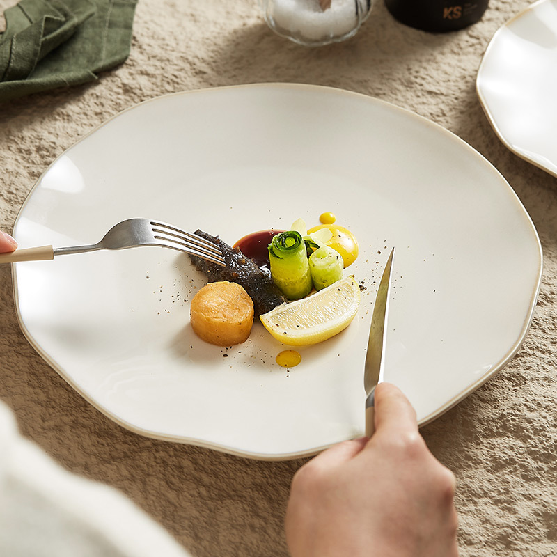 Đĩa đựng đĩa hoa văn dòng nước màu vàng, Đĩa đựng đồ ăn bằng gốm Sứ gia dụng, Đĩa đựng đồ ăn phương Tây sang trọng nhẹ nhàng cao cấp, đĩa đựng salad bít tết