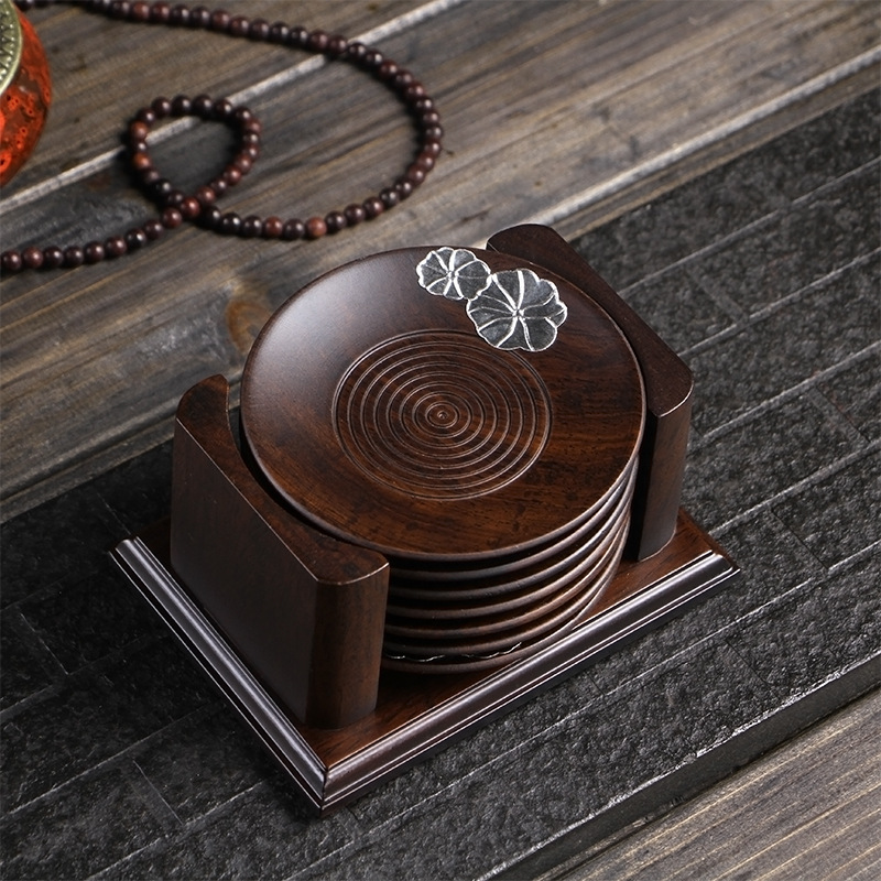 Phụ kiện bộ ấm trà gỗ solid gỗ mun có kệ đựng cốc đựng cốc trà thiếc nguyên chất kiểu Trung Quốc cỡ lớn bộ lót cốc trà đạo Kung Fu