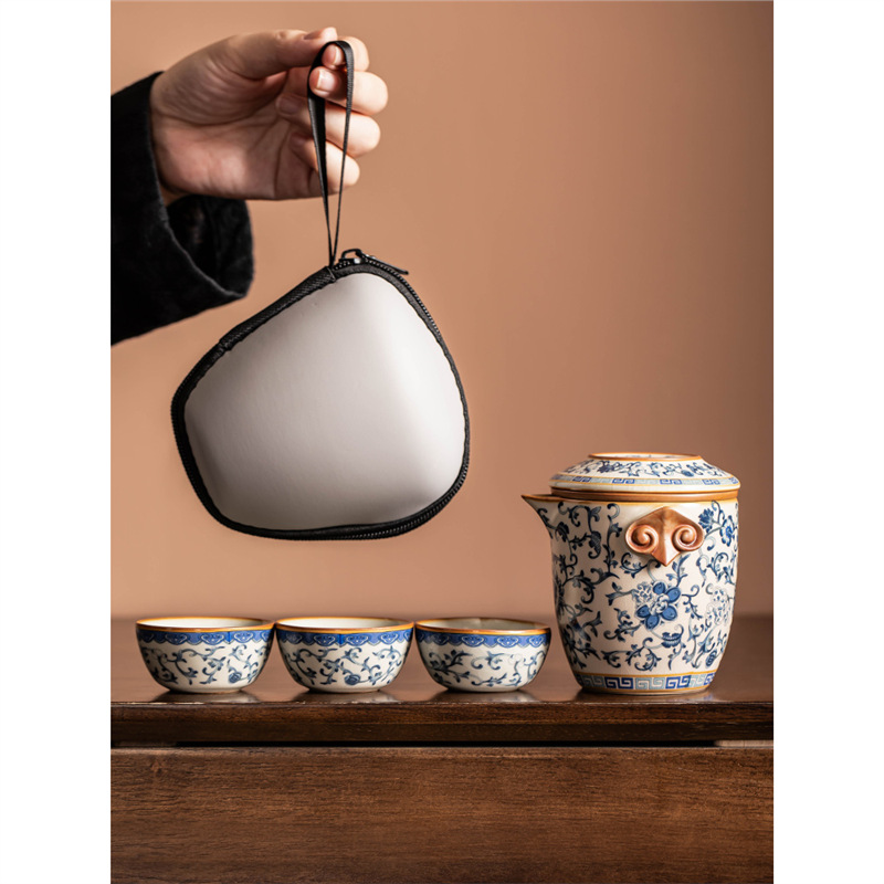 Chậu cầm tay du lịch bộ trà Kung Fu bộ nhỏ di động cắm trại ngoài trời gốm sứ cốc khách nhanh một bình ba cốc bán buôn