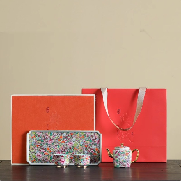 Hoa nở Cảnh Đức Trấn Men Ấm Trà Bộ Trà Gốm Cao Cấp Ánh Sáng Sang Trọng Ấm Trà Hộp Quà Tặng