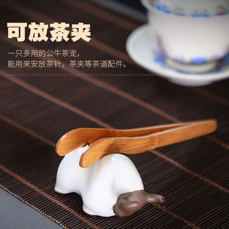 Đồ trang trí vật nuôi trà bê năm con bò gốm sứ đồ chơi trà vật nuôi bằng sứ Ru mở miếng có thể nuôi Bộ trà phụ kiện Kung Fu