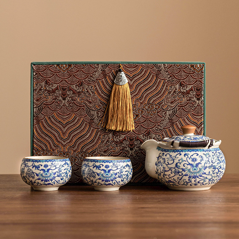 Ấm trà gốm sứ Ru Kiln ấm trà cầm tay hoa sen xanh trắng gia dụng bát nắp cốc trà hộp quà