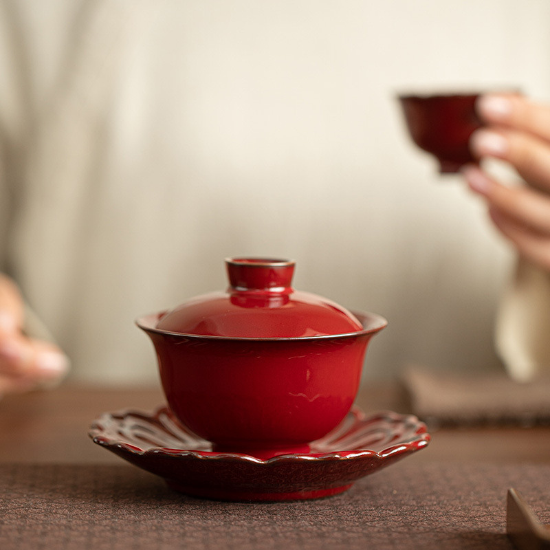 Bộ hoàn chỉnh mới xuyên biên giới của Langhong Tử Cấm Thành màu đỏ Sancai phủ bát bộ ấm trà gốm chậu sen bát trà lễ hội