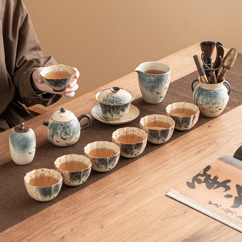 Bộ ấm trà kungfu đỏ đá lửa trắng xanh cực chất ấm pha trà gốm sứ gia dụng sang trọng nhẹ cao cấp mẫu mới 2025