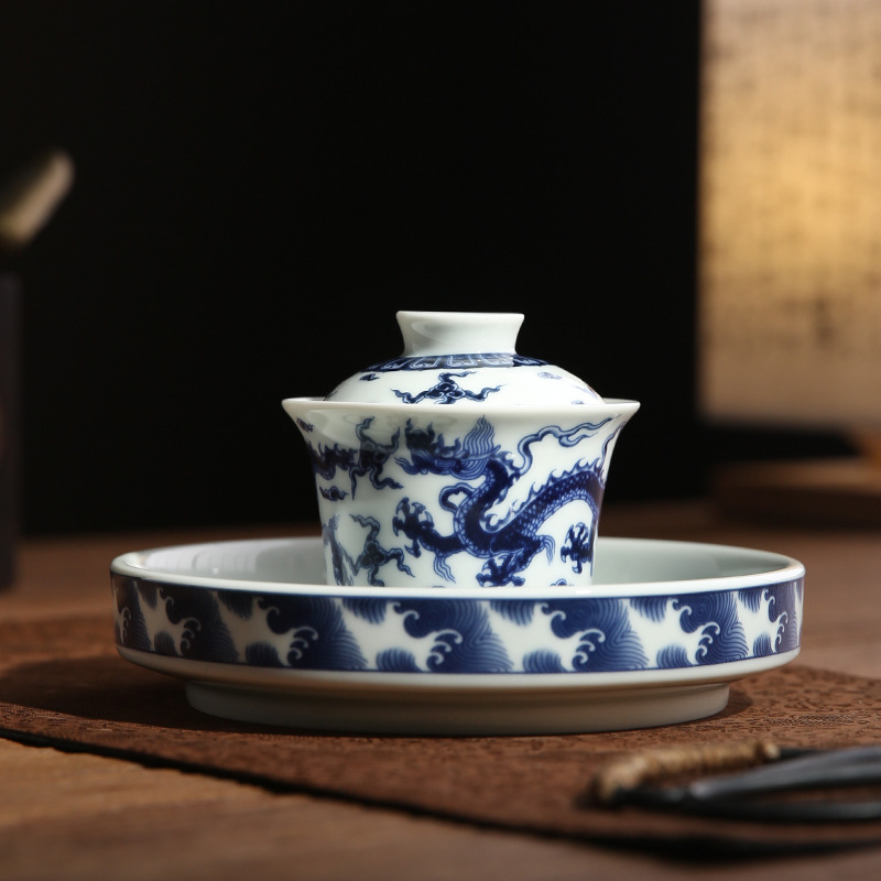 Cốc trà bát có nắp ba tài bằng gốm sứ xanh và trắng Jingdezhen Bộ trà bát pha trà Kung Fu cao cấp duy nhất bộ ấm trà