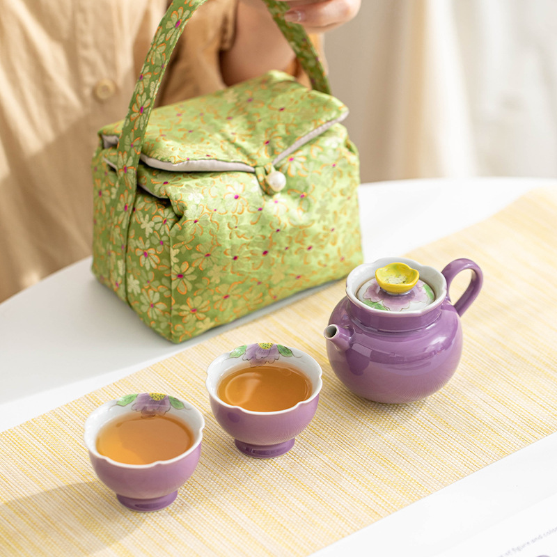 Bộ ấm trà Kung Fu vẽ tay, ấm trà hoa mẫu đơn tím tráng men màu xám thực vật, bộ đồ du lịch gốm sứ gia dụng đựng đồ