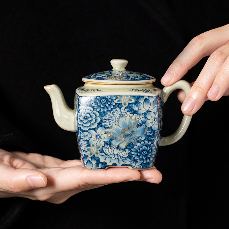 Ấm trà hình vuông Hán Hoa vàng Ru Kiln ấm trà ấm trà tinh tế cao cấp gia dụng ấm trà bộ trà gốm sứ nhà sản xuất bán buôn