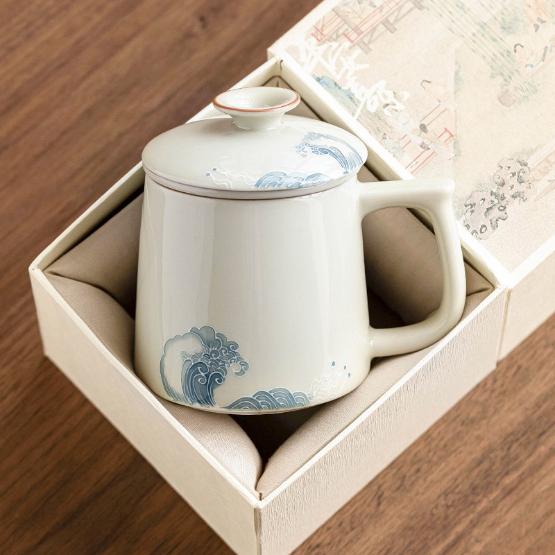 Cốc nước chạm khắc sóng biển vẽ tay cốc gốm sứ gia dụng có nắp cốc trà tách trà lớn cốc văn phòng cốc nước