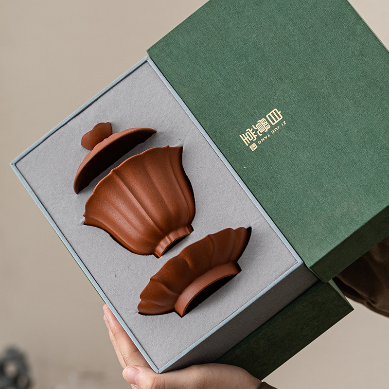 Bộ bát có nắp cát tím Yixing Lily ấm pha trà Kung Fu đất sét đỏ nguyên chất thủ công cổ điển cốc trà Bộ trà Bát trà