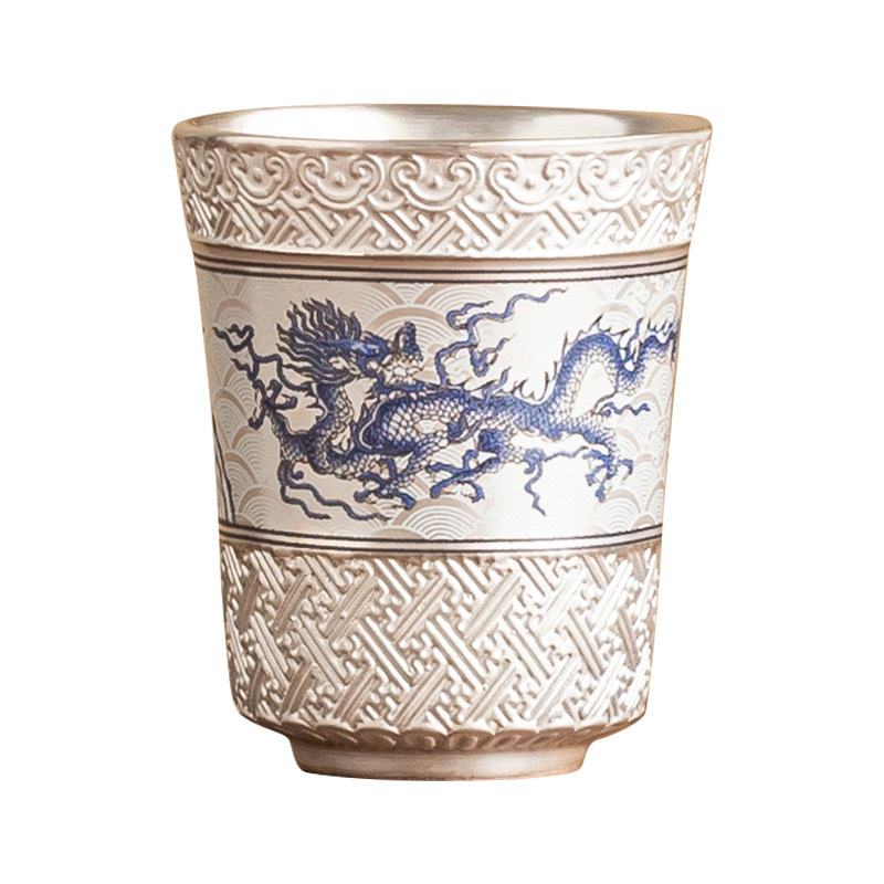 Bộ trà sang trọng ánh sáng bạc 999 cốc trà gốm sứ cốc chủ nhân rồng bay cốc đồng hồ mây cốc trà đặc biệt