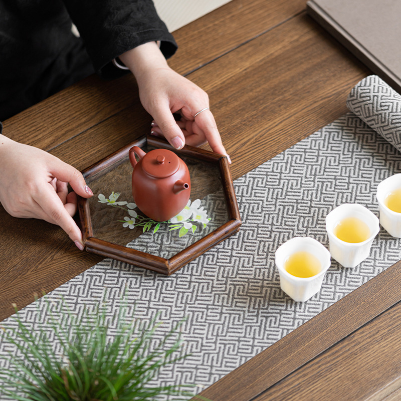 Ấm hình lục giác thủy tinh vân nước bàn trà thủy tinh gỗ óc chó gia dụng bàn trà nhỏ kiểu Nhật tấm lót cốc bàn pha khô