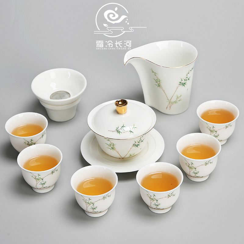 Bộ ấm trà sứ trắng ngọc cừu gia dụng văn phòng quý nhân gốm sứ nắp cốc trà đơn giản Tặng khách doanh nhân