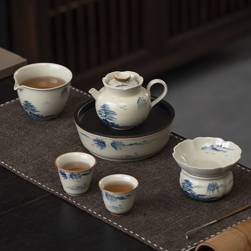 Ấm trà vẽ tay tráng men với phong cảnh tro gỗ, ấm đơn có lỗ lọc bóng, bộ trà kung fu gia dụng cao cấp để pha trà.