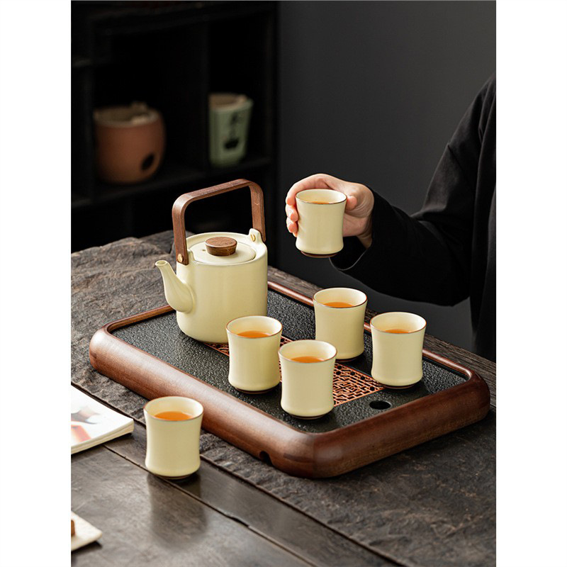 Bộ dụng cụ pha trà công phu cốc trà gốm sứ hộp quà dung tích lớn khay trà óc chó đơn giản gia dụng sang trọng