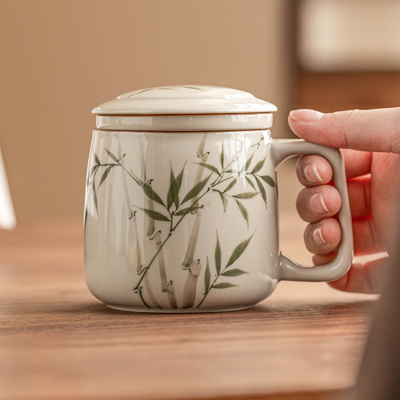 Cốc gốm sứ tre xanh ngọc bích vẽ tay Cốc pha trà tách trà có nắp cốc trà văn phòng cá nhân cốc nước