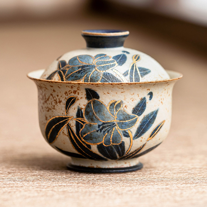 Bát gốm sứ đỏ đá lửa trắng xanh, bát trà hoa huệ vẽ tay có nắp, bộ trà kungfu gia dụng, bát pha trà đơn