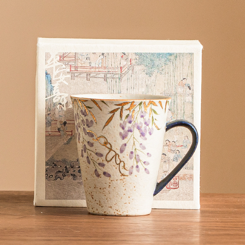 Cốc đá lửa trắng xanh cốc gốm sứ cao cấp cốc trà hoa tử đằng sơn vàng vẽ tay cốc nước dung tích lớn có tay cầm