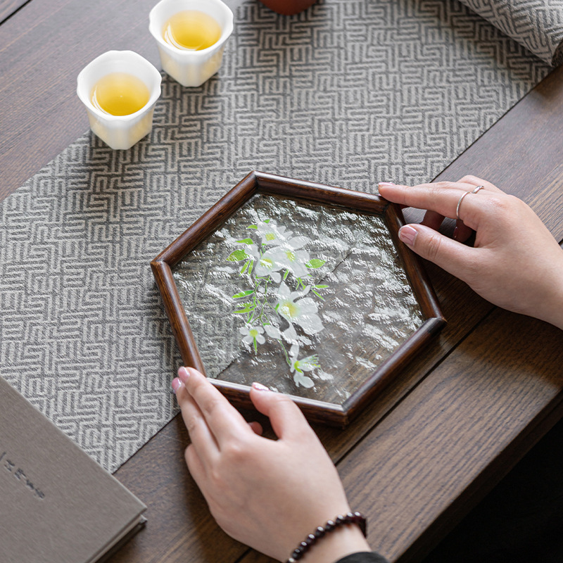 Ấm hình lục giác thủy tinh vân nước bàn trà thủy tinh gỗ óc chó gia dụng bàn trà nhỏ kiểu Nhật tấm lót cốc bàn pha khô