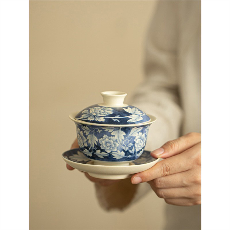 Bát tam tài hoa mẫu đơn tráng men soda bát trà gốm sứ có nắp không nóng dụng cụ pha trà gia dụng bộ trà Kung Fu