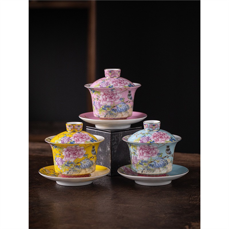 Bát có nắp tam tài tráng men, bộ trà Kung Fu hương hoa chim, bát pha trà gốm sứ gia dụng, bát trà không nóng tay