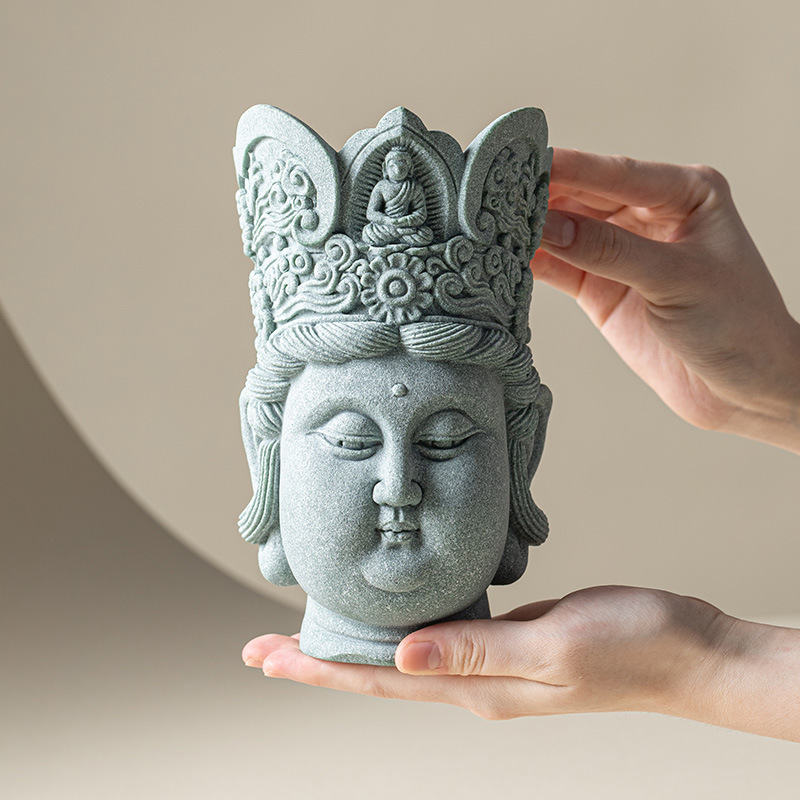 Đồ trang trí đầu Phật sáng tạo bằng đá sa thạch xanh Lingji Bồ tát mới phong cảnh bể cá kiểu Trung Quốc trang trí nhân vật lối vào nhà