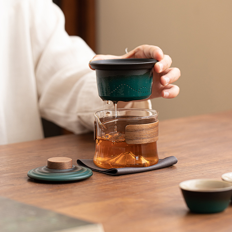 Cốc khách nhanh eo nhỏ cắm trại ngoài trời di động gốm sứ du lịch Kung Fu bộ trà một ấm ba cốc thiết bị pha trà đơn giản