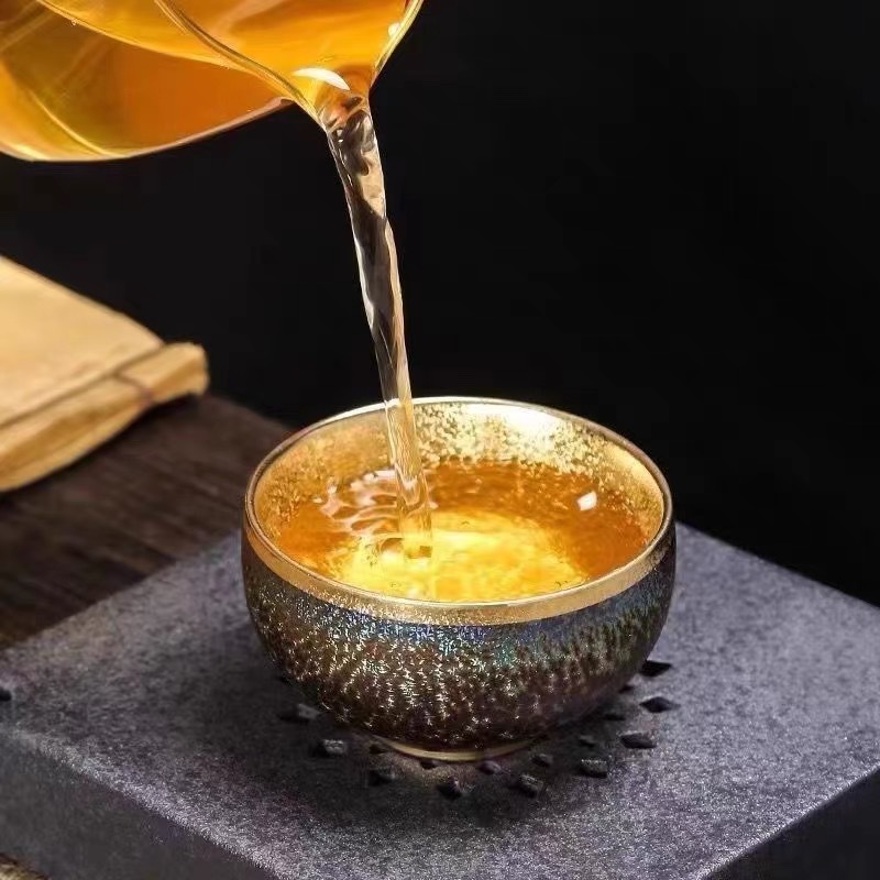 Tách trà cao cấp mạ vàng hình chim công nhiều màu sắc, điểm xuyết giọt dầu vàng obsidian, gốm sứ 24k, tách trà chuyên dụng livestream, bát trà lớn.