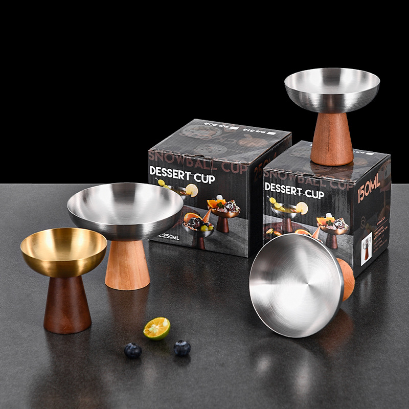 Ly kem inox chân gỗ hình cây nấm, ly sữa chua cao, ly pudding kem, ly trái cây CLB012