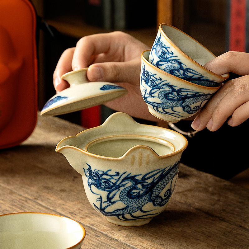 Ruyao Kuaike Cup Bộ trà du lịch Một ấm Ba cốc Bộ trà cắm trại ngoài trời Thiết bị uống trà gốm di động