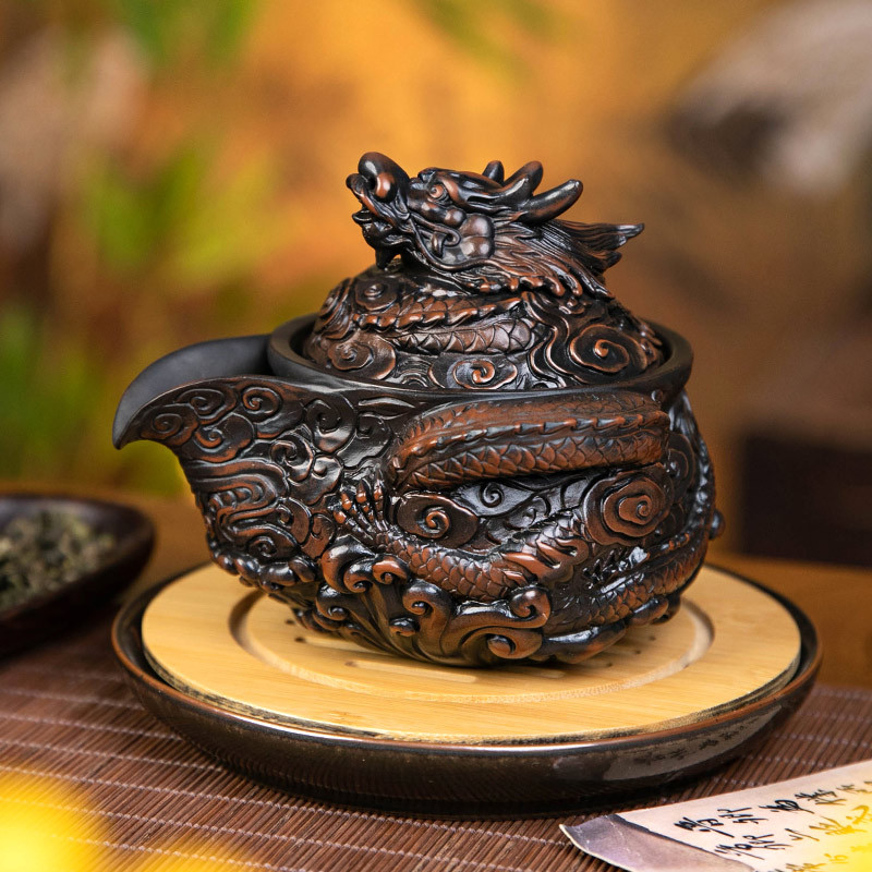 Bộ ấm trà cầm tay bốn biển Weilong khắc đống gốm tím, ấm trà tử sa hoàn toàn thủ công Vân Nam Jianshui, bộ ấm trà Kung Fu gia dụng