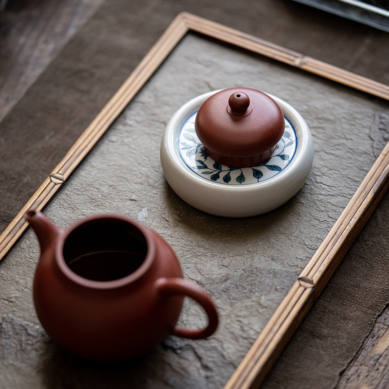 Bộ phụ kiện ấm trà Kung Fu, đế đựng chén, đồ trang trí bàn trà Zen, giá đỡ chén kiểu cổ điển, vỏ gốm men xanh trắng.