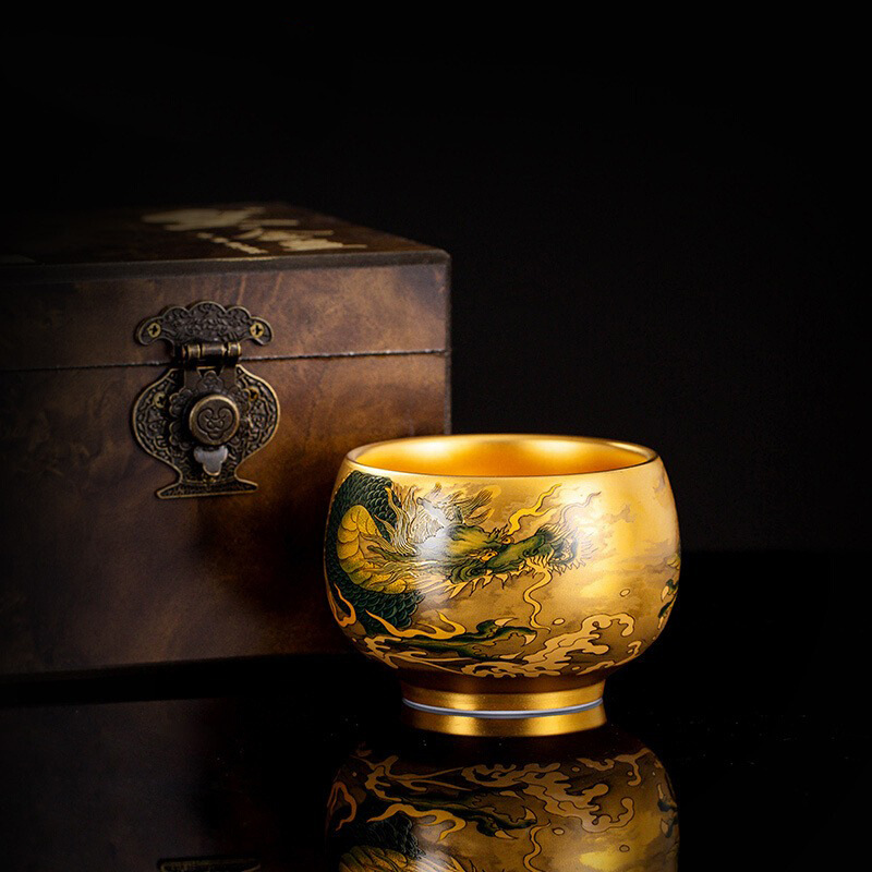 Chu Hồng Gia Qinglong mạ vàng tách trà nguyên chất handmade chủ tinh tinh Kung Fu tách trà kinh doanh lưu niệm hộp quà tặng