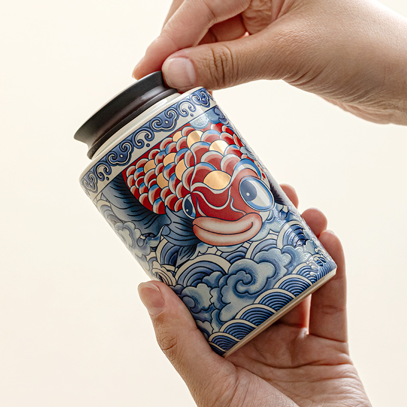 Bình đựng trà đầy màu sắc màu xám thực vật phong cách quốc gia, bình gốm kín, bình chống ẩm, phụ kiện bộ trà kho trà gia dụng Trung Quốc