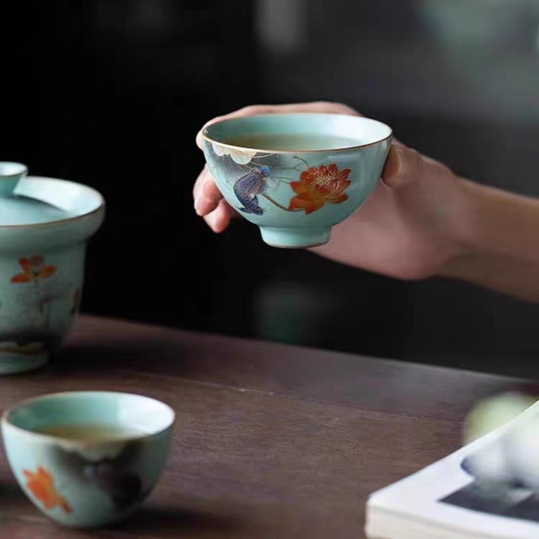 Bộ ấm trà du lịch Ru Kiln, cốc khách nhanh di động, ba cốc cho một người ngoài trời, quà tặng lò hồ dày cao cấp