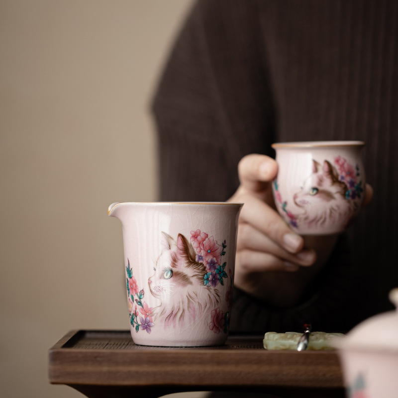 Bộ ấm chén uống trà họa tiết mèo Ru Kiln màu hồng, phụ kiện gốm sứ, chén uống trà đơn chống bỏng, chia trà gia dụng.