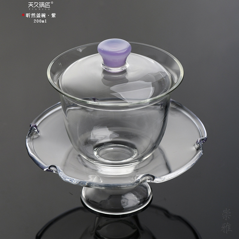 Bát nắp thủy tinh cao cấp Bộ trà Kung Fu đơn dụng cụ pha trà xanh cao cấp trong suốt cầm tay chống bỏng không nóng