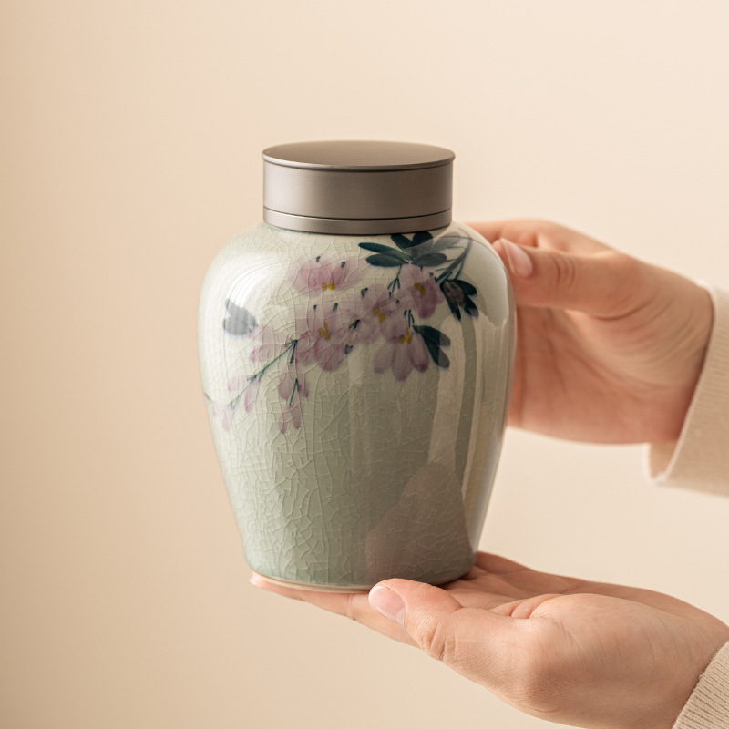 Bình trà vẽ tay tinh khiết tráng men Borneol, bình gốm sứ gia dụng, bình đựng trà hoa trà chống ẩm cầm tay mini