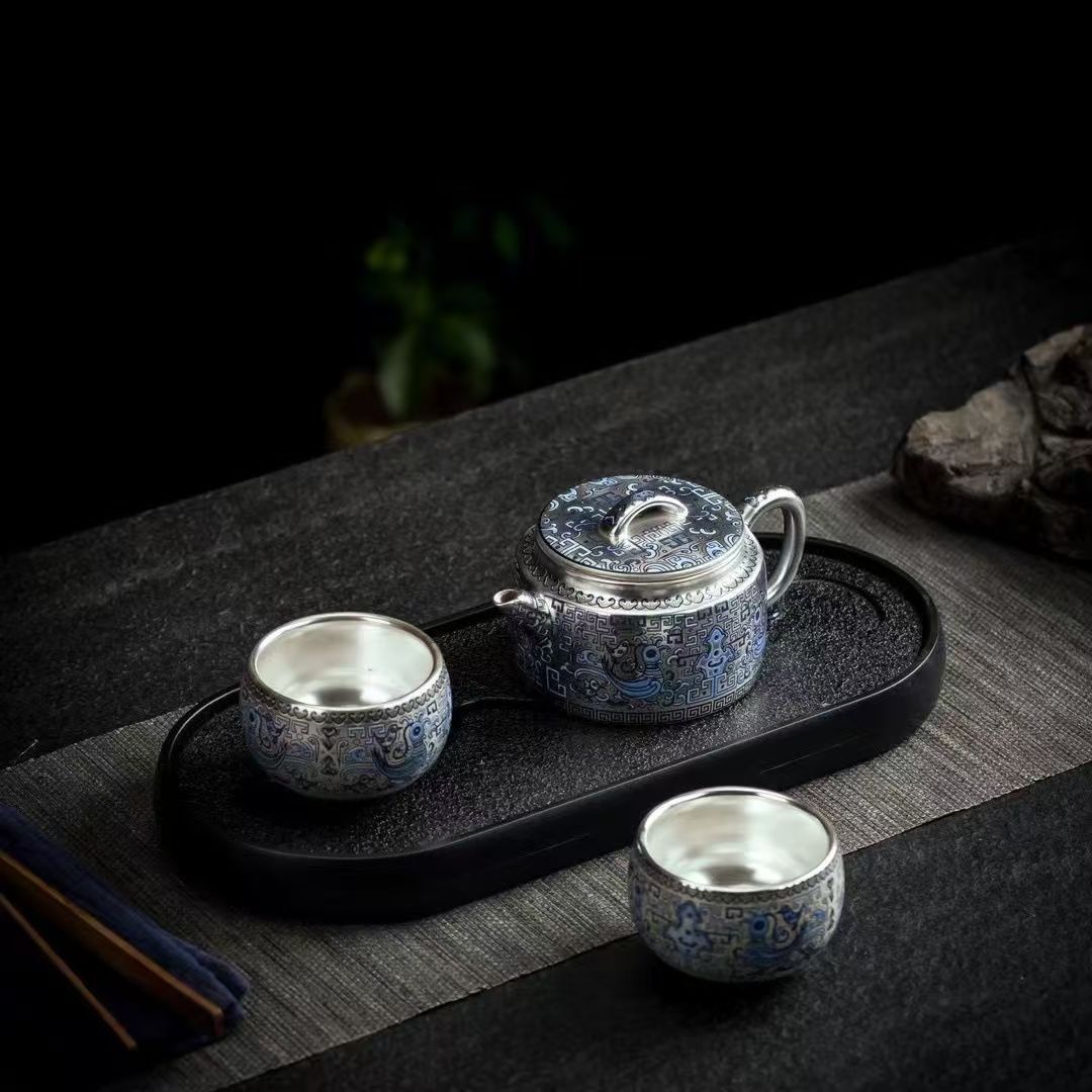Bộ trà bạc Zhou Hongjie 999 bộ một ấm hai cốc hộp quà ấm pha trà tinh tế bộ trà Kung Fu