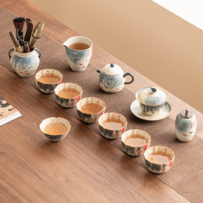 Bộ ấm trà kungfu đỏ đá lửa trắng xanh cực chất ấm pha trà gốm sứ gia dụng sang trọng nhẹ cao cấp mẫu mới 2025