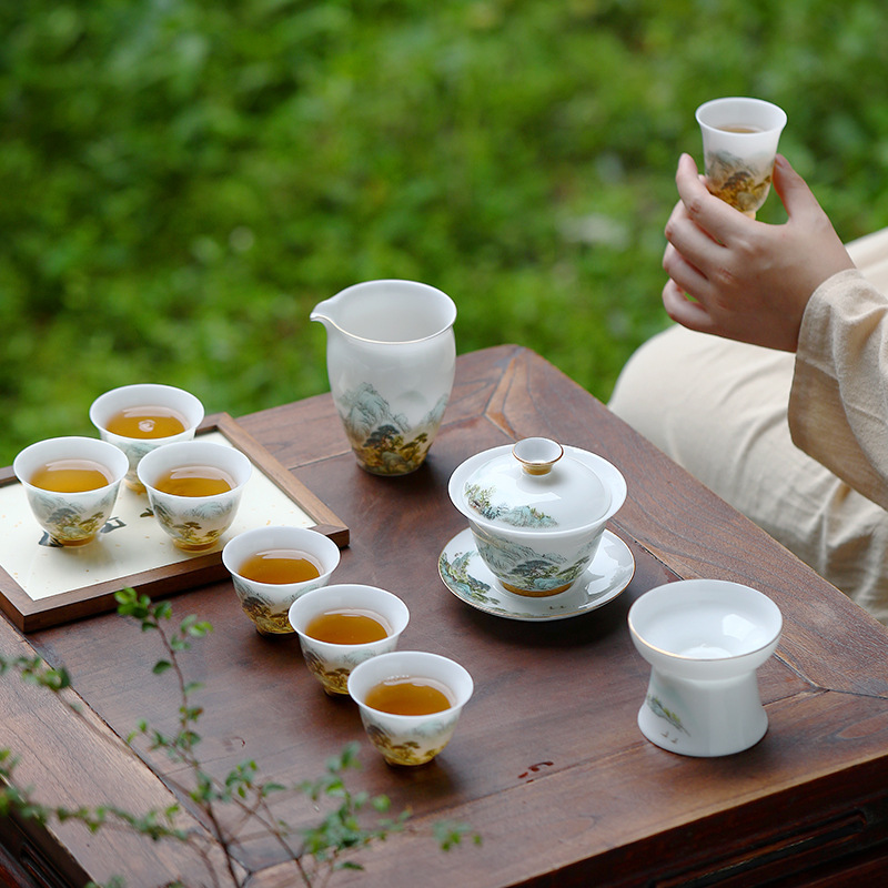 Bộ ấm trà Bát sứ trắng đá ngọc Bộ ấm trà Bát pha trà Fuchunshanju sang trọng gia dụng Bộ hộp quà gốm sứ trọn bộ