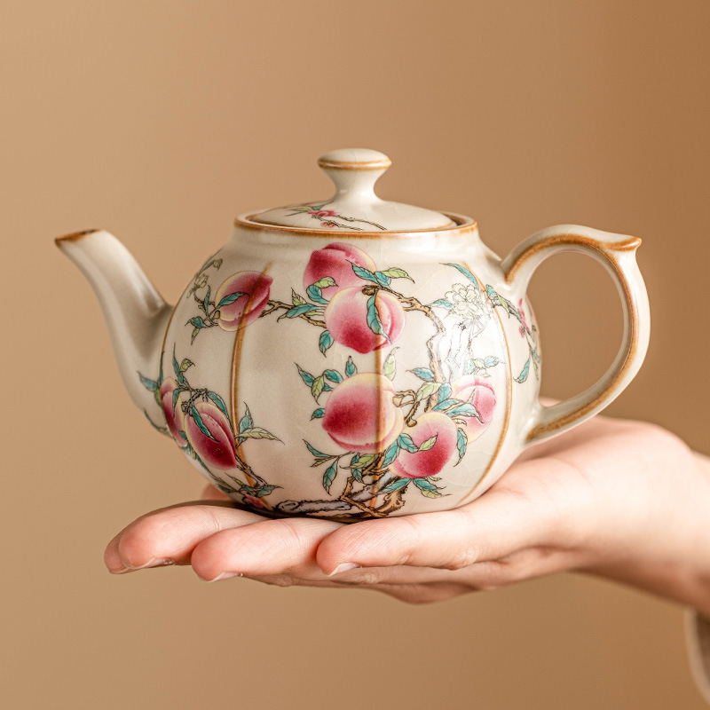 Ấm trà chín đào hoa hồng Ruyao ấm trà gốm sứ gia dụng ấm trà bộ ấm trà Kung Fu Trung Quốc cao cấp không bị nóng tay