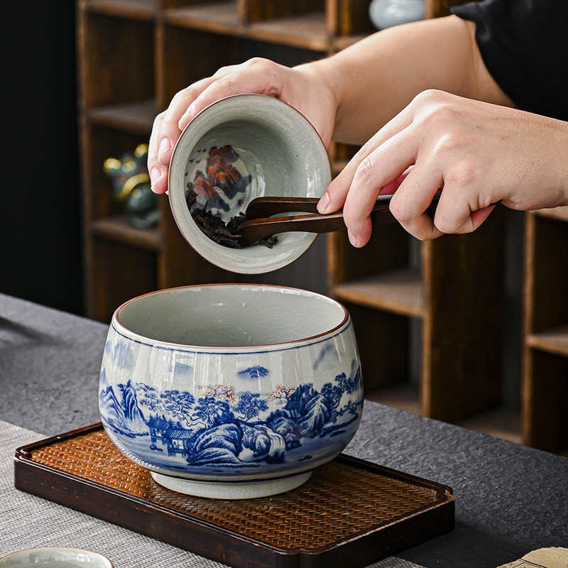 Bể rửa trà sứ xanh và trắng Jingdezhen lớn gốm sứ cổ điển Jianshui chén trà cao cấp thùng trà xỉ lớn