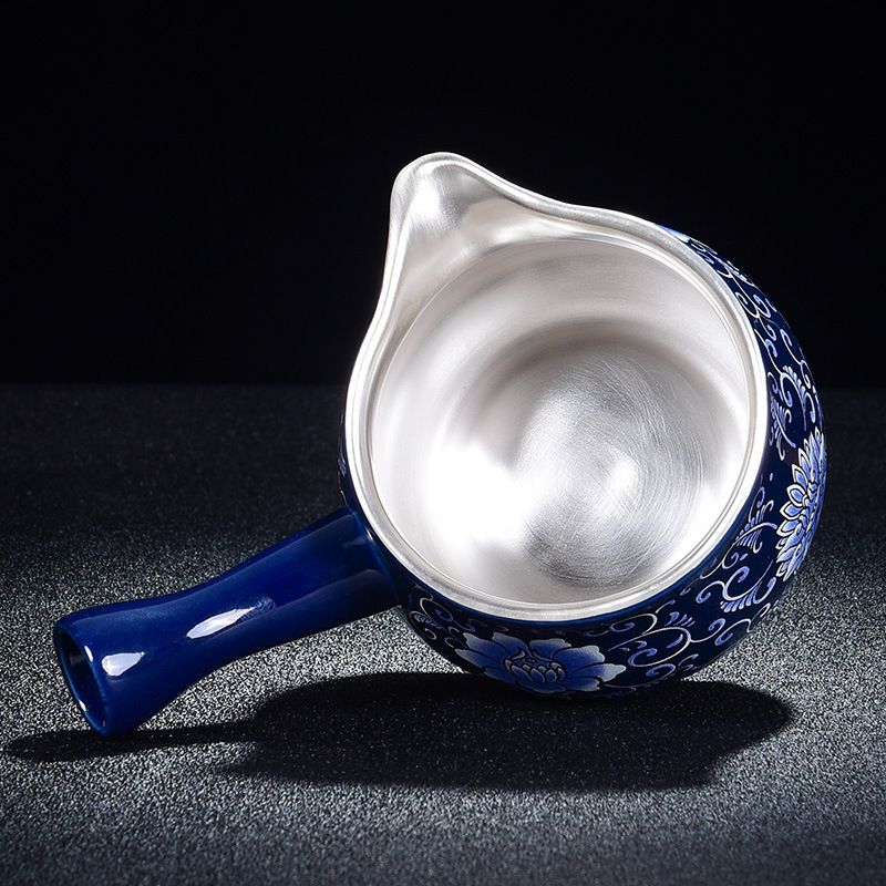 Cốc công bằng mạ bạc màu xanh và trắng 999 cốc công bằng tay cầm bên cốc chia bộ đồ trà bộ trà gốm sứ chịu nhiệt độ cao