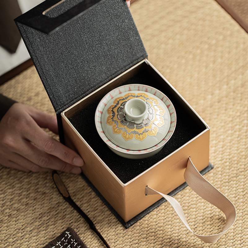 Màu xám thực vật Đôn Hoàng Vạn Phật Nắp bát gốm sứ văn hóa và sáng tạo chén trà có nắp Hộp quà tặng dụng cụ trà Kung Fu