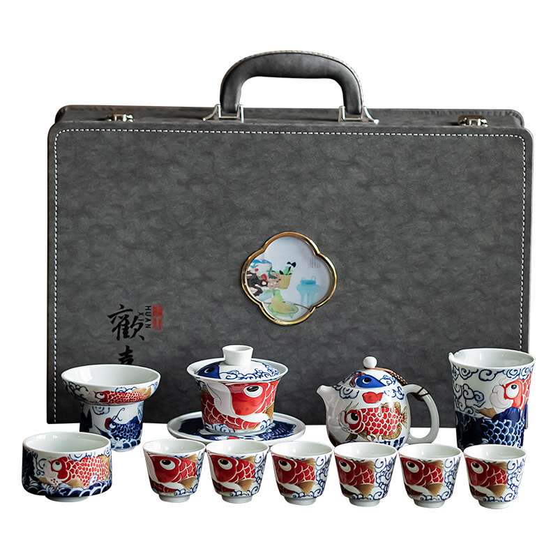 Bộ ấm trà Kung Fu Rồng Cá cốc trà gốm sứ kiểu Trung Quốc Có Nắp ấm trà dụng cụ pha trà gia dụng Hộp quà tặng cao cấp