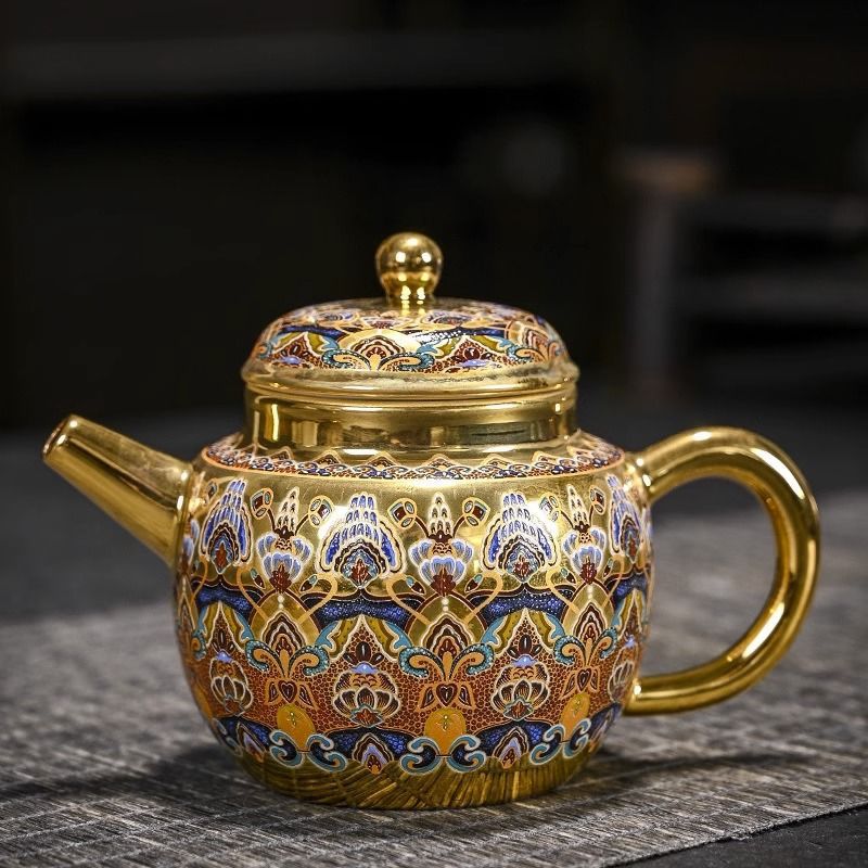 Bộ trà vàng 24k men cloisonné cao cấp, ấm Xi Shi, bát có nắp, cốc chủ nhân, bộ trà gốm sứ ấn tượng Đôn Hoàng bán buôn