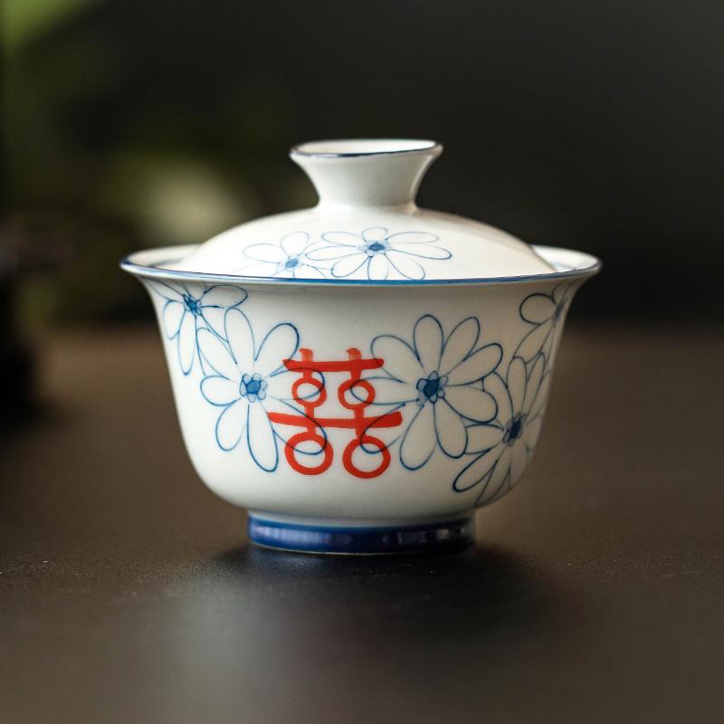 Bát có nắp tinh xảo màu xám thực vật, bát pha trà đôi hạnh phúc cúc họa mi vẽ tay, cốc trà gia dụng có nắp, bộ trà Kung Fu cỡ nhỏ